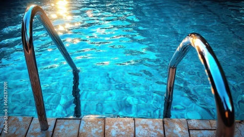 Clear blue swimming pool water with sunlight reflecting on the surface and metal handrails leading into the pool