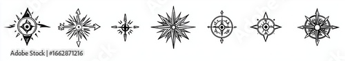 Collection of seven hand-drawn black compass rose designs with varied styles and arrow shapes arranged in a horizontal row on white background