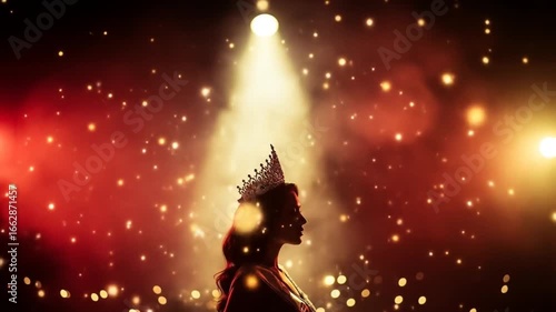 Silhouette of a crowned woman, bathed in spotlight, amidst glittering stage effects.