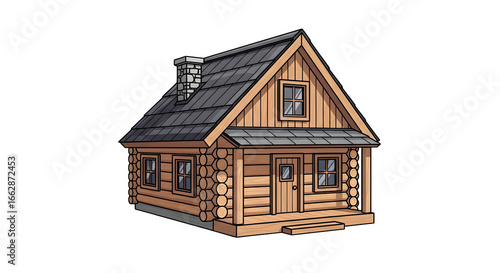 A cartoon log cabin with chimney and two windows    .ai generative, transparent background, white background. isolated on white background, png, jpeg, jpg.