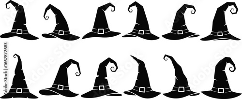 Witch hat vector set, black illustrations, magical headwear graphics, pointy hat designs, Halloween clipart, spooky costume elements, fantasy fashion icons