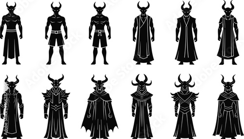 Demon vector set, horned silhouettes, black illustrations, dark fantasy graphics, mythical characters, evil figure designs, villain concept art, gothic style