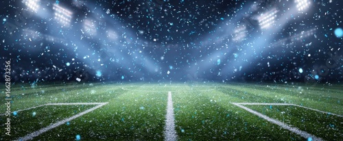 The snowy soccer field illuminated by stadium lights during a winter night.