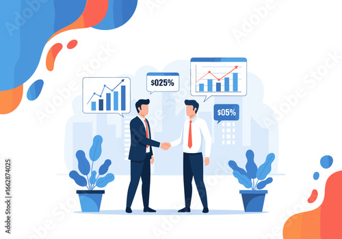 Businessmen shaking hands celebrating successful financial deal with growth charts and positive statistics in background