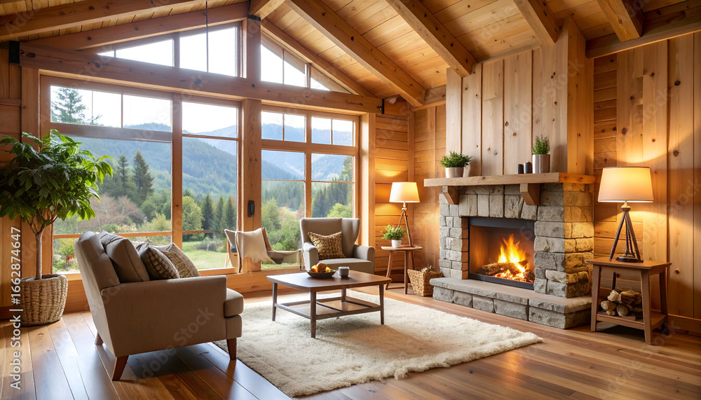 Fototapeta premium Cozy living room interior with a fireplace, large windows, and mountain views.
