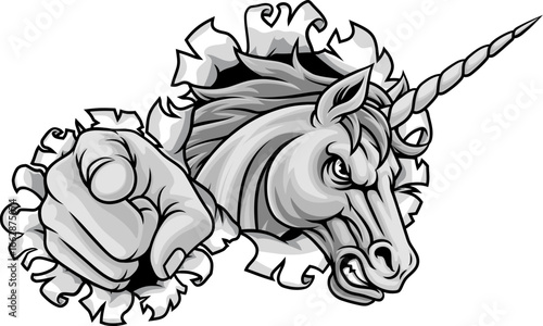 Unicorn horse stallion angry sports team mascot cartoon character design.