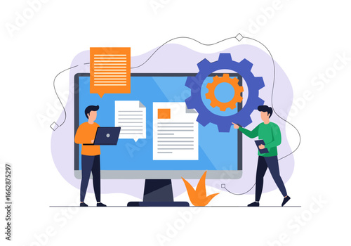 Illustrating the collaborative efforts of individuals working together on a digital platform to achieve operational efficiency and process improvement through data analysis and technological solutions