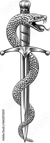 A dagger knife with snake wrapped around it in a vintage woodcut engraved etching tattoo illustration style