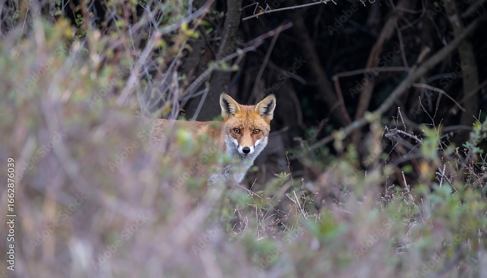 Obraz premium Red fox peeking from behind foliage