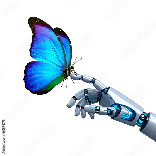 Futuristic robot hand gently touches a vibrant blue butterfly, symbolizing the intersection of nature and technology.