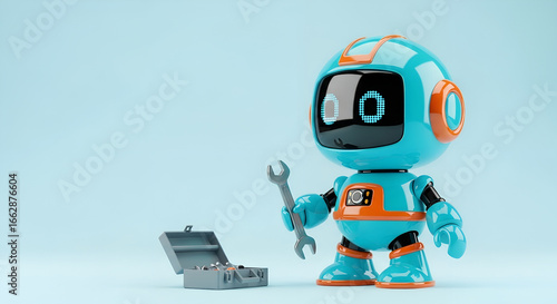 Cute robot fixing things with wrench and toolbox 3d render concept