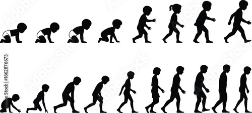 Child development stages, baby crawling, toddler walking, growth timeline, silhouette progression, human evolution, early childhood milestones, infant to adult, growing up vector illustration.