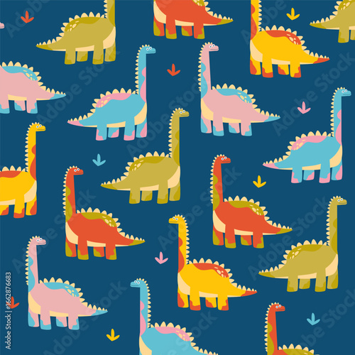 colorful dinosaur brontosaurus vector cartoon seamless pattern design for kids apparel fullprint fabric