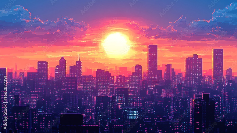 Fototapeta premium Pixel art cityscape with a vibrant synthwave sunset sky