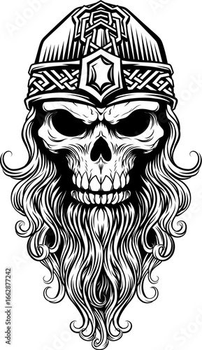 A Viking skull skeleton warrior or barbarian gladiator man mascot face looking strong wearing a helmet. In a retro vintage woodcut style.