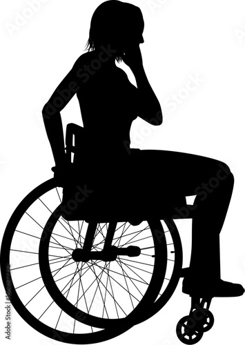 Silhouette of woman sitting in wheelchair, holding a phone to her ear. Useful for healthcare, mobility support, and inclusion concepts.