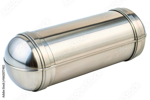 Sleek stainless steel time capsule for preserving memories isolated with transparent background
