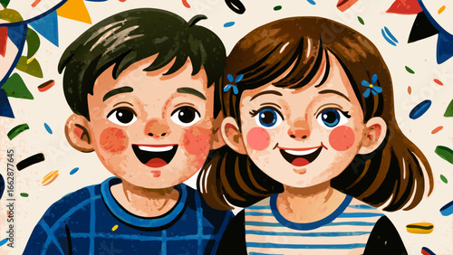 Cheerful illustration of two happy smiling children  at a festive celebration with decorations
