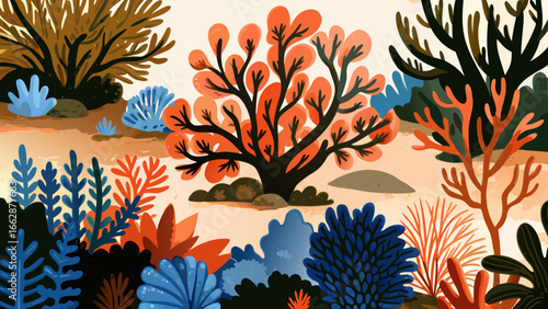  colorful coral reef with various aquatic plants in bold designs