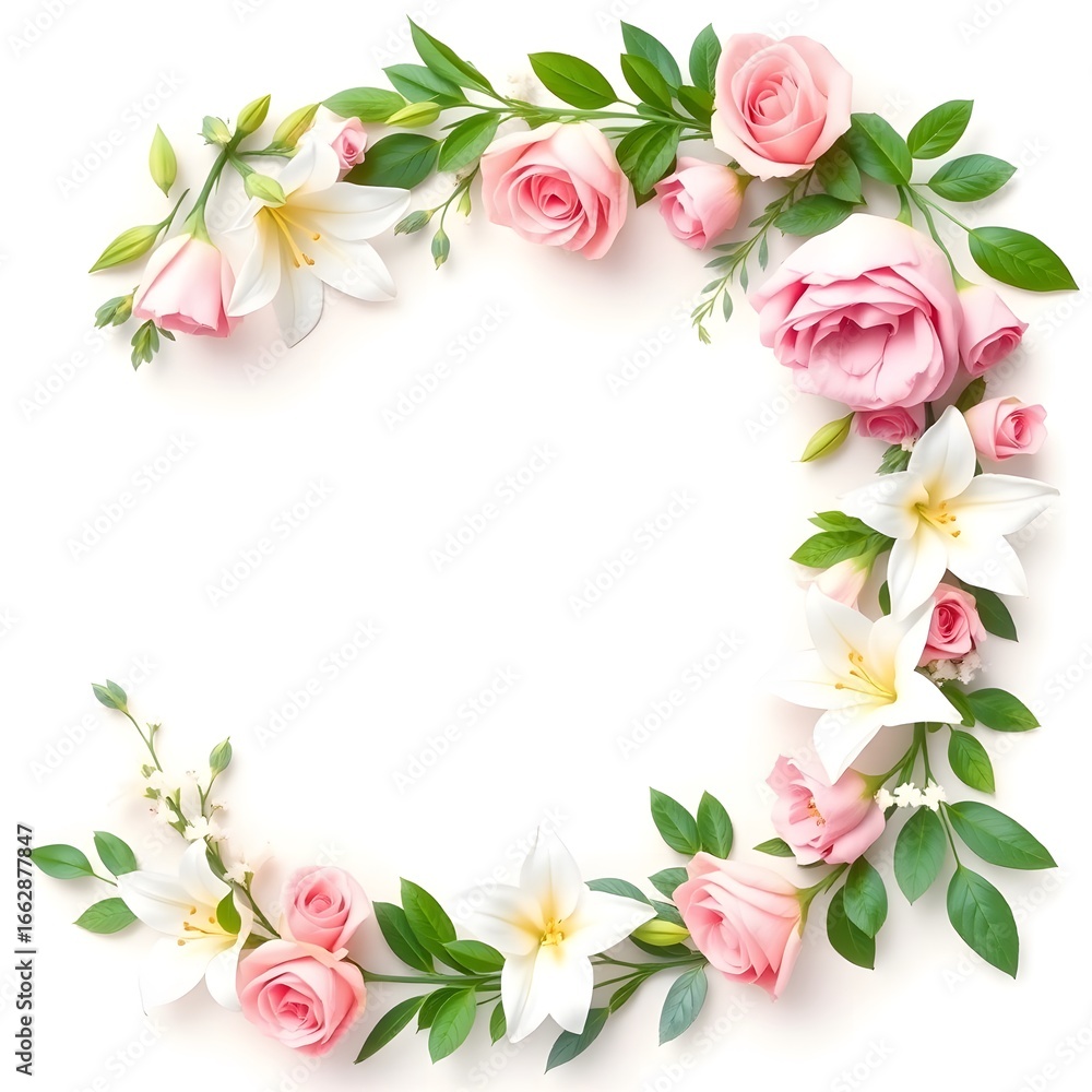 Fototapeta premium wedding, flower, leaves, plant, nature, decoration, garden, card, invitation, frame, border, Generative AI