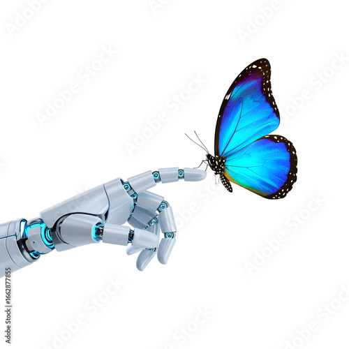 Intelligent robotic hand gently touching a vibrant blue butterfly