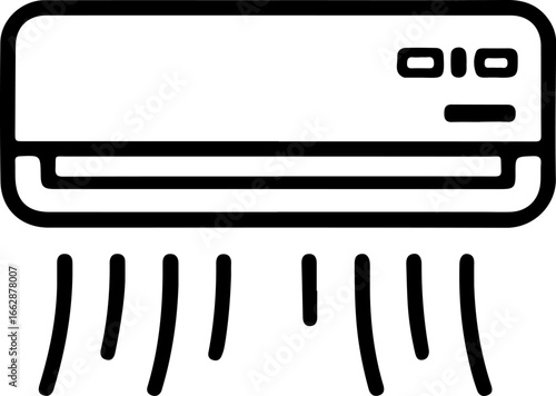 Air Conditioner Icon – Black & White Line Art of Wall-Mounted Cooling Unit with Airflow Symbols