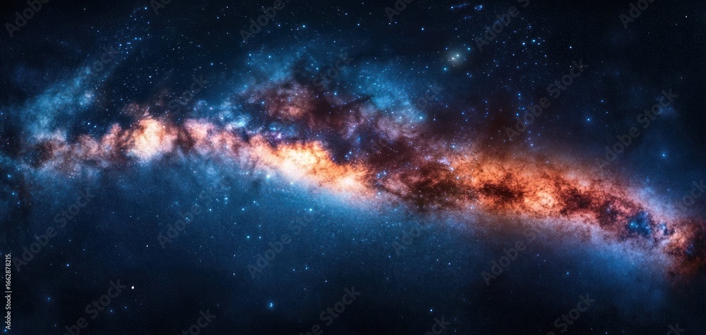Naklejka premium Vibrant galaxy with glowing orange and blue hues surrounded by countless stars in deep space conveying vastness and mystery