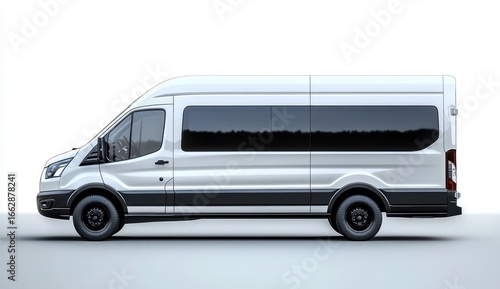 Side view of a modern white passenger van with tinted windows and black wheels on a plain background