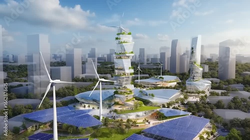 Futuristic green city with solar panels and wind turbines illustrating sustainable urban development
