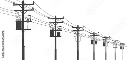 Electric utility poles with transformers and overhead power lines, energy distribution infrastructure silhouette for electricity transmission, industrial network, urban and rural utility concept.