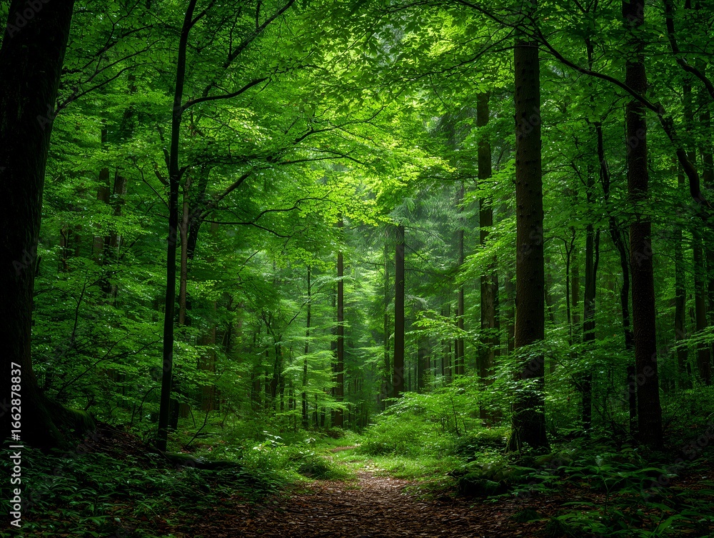 Obraz premium 緑に包まれた静かな森林の小道