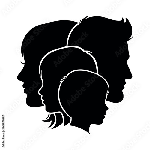 Vector art of silhouette of a family with two children, representing love, togetherness, and the bond between parents and their offspring