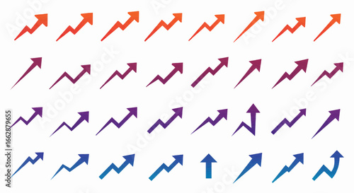 Collection of upward trend arrows showing progress and growth in a gradient of red to blue colors