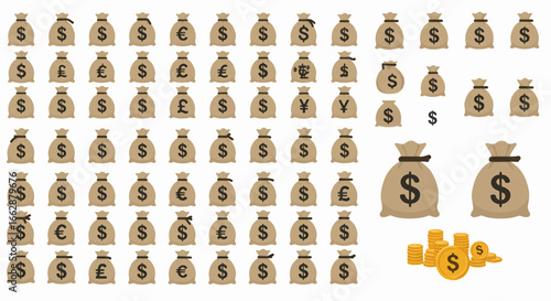 Extensive Collection of Illustrated Money Bags and Gold Coins Representing Global Currencies and Wealth Concepts on White Background