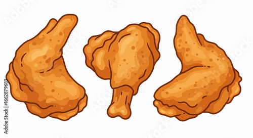 Delicious cartoon illustration of assorted fried chicken pieces, including wings and a leg