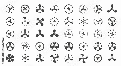 Diverse compilation of abstract geometric shapes and rotating graphic icons for design projects