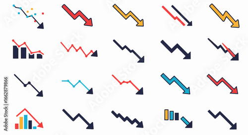 Downward Trend Icons Chart, Graph, Arrow Decline Indicators