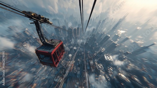Cable Car Flying Over Futuristic City Generative AI