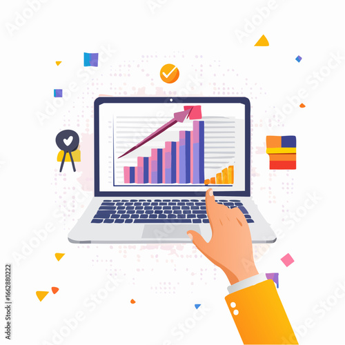Trendy Halftone Collage Business and investment growth concept. Hand and market statistics chart. Laptop with finance business data graph.