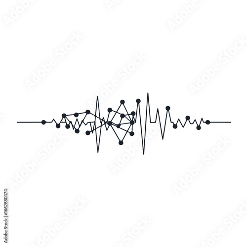 An elegant speech waveform outline in a 2D flat vector illustration subtly transforms into an interconnected network of neural nodes, presented with minimalist clean lines on a white background.