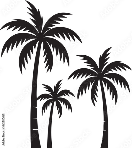 Silhouette depiction of three palm trees with varying heights and frond arrangements in black and white style