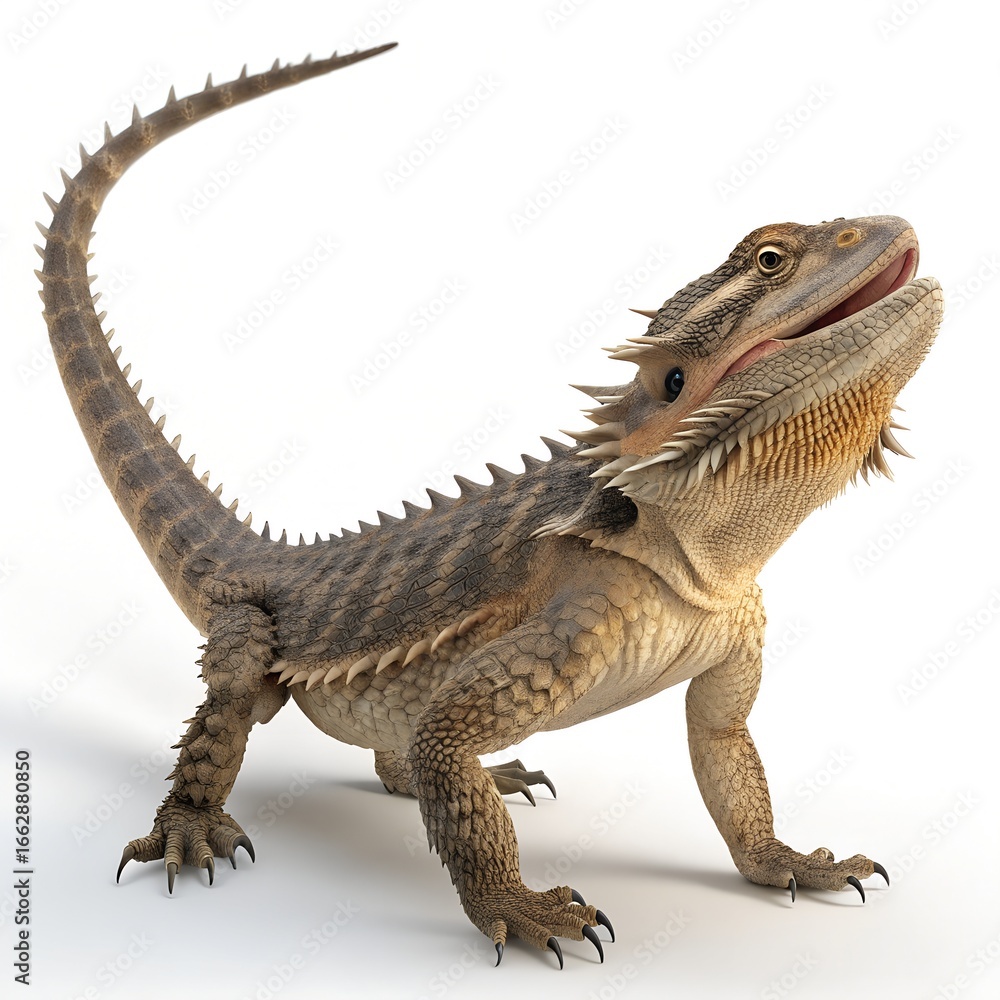 Fototapeta premium A detailed depiction of a bearded dragon lizard standing on a white surface. The lizard has a spiky back and a vibrant coloration, showcasing its unique features.