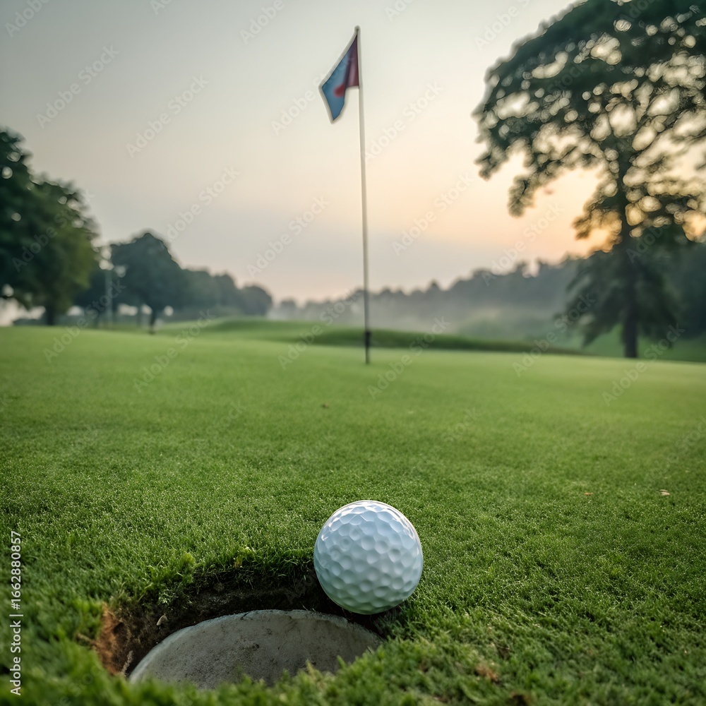Obraz premium A close-up of a golf ball near the hole on a green golf course. A flag is visible in the background, with trees and a soft morning light.