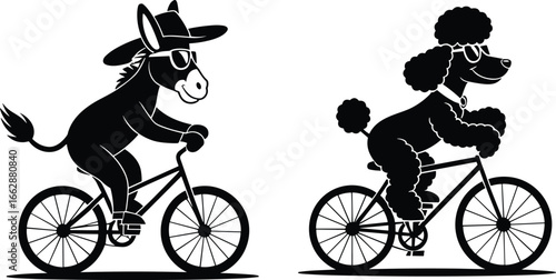 Funny animal silhouettes riding bikes, donkey and poodle cycling, cute cartoon animals on bicycles, humorous pet bike riders, playful animal vector art.