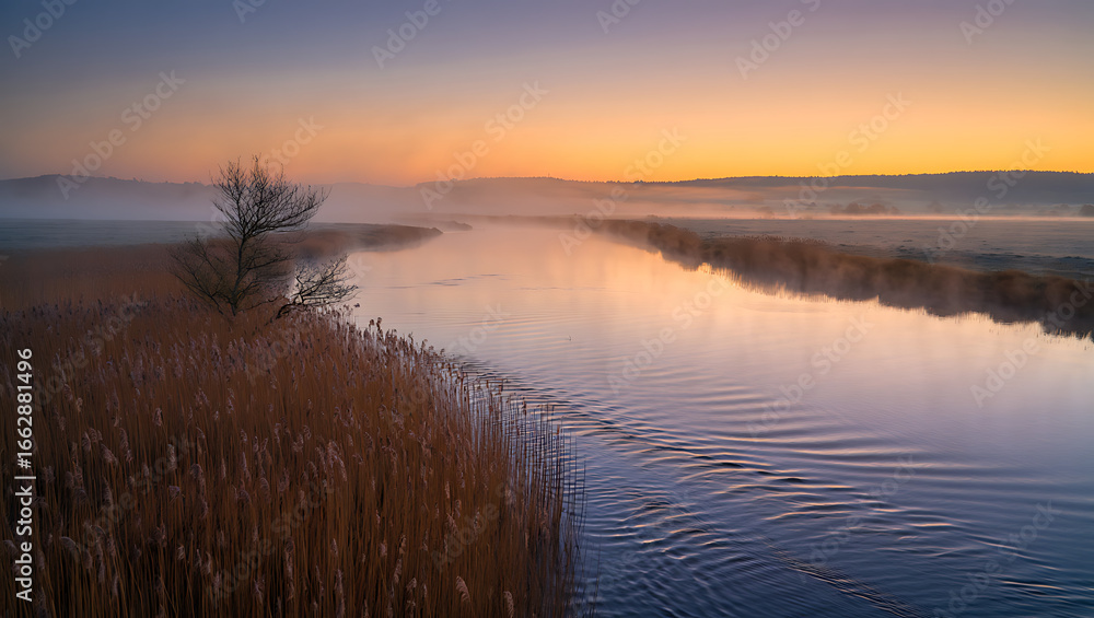 Fototapeta premium Serene dawn over a tranquil river reflecting the warm hues of sunrise with mist rising from the water and a lone tree on the bank