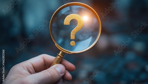 Hand holding an antique magnifying glass focusing on a golden question mark with blurred blue background and light reflection