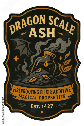modern apothecary potion label illustration of dragon scale ash with bottle smoke and wings ornate black and gold bold cartoon frame fantasy elixir design concept of halloween crafts
