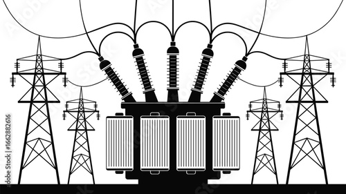 High voltage electricity transformer with power transmission towers and insulated cables, energy infrastructure concept, black vector illustration for industrial and utility design.ity 