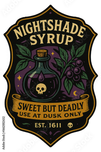 nightshade syrup potion label with purple deadly berries and gothic bottle marked with skull in ornate frame concept of halloween design spooky branding and vintage apothecary packaging