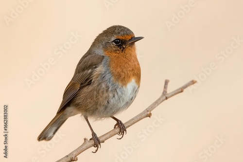 Robin bird perched on twig, pale background, nature, wildlife, poster